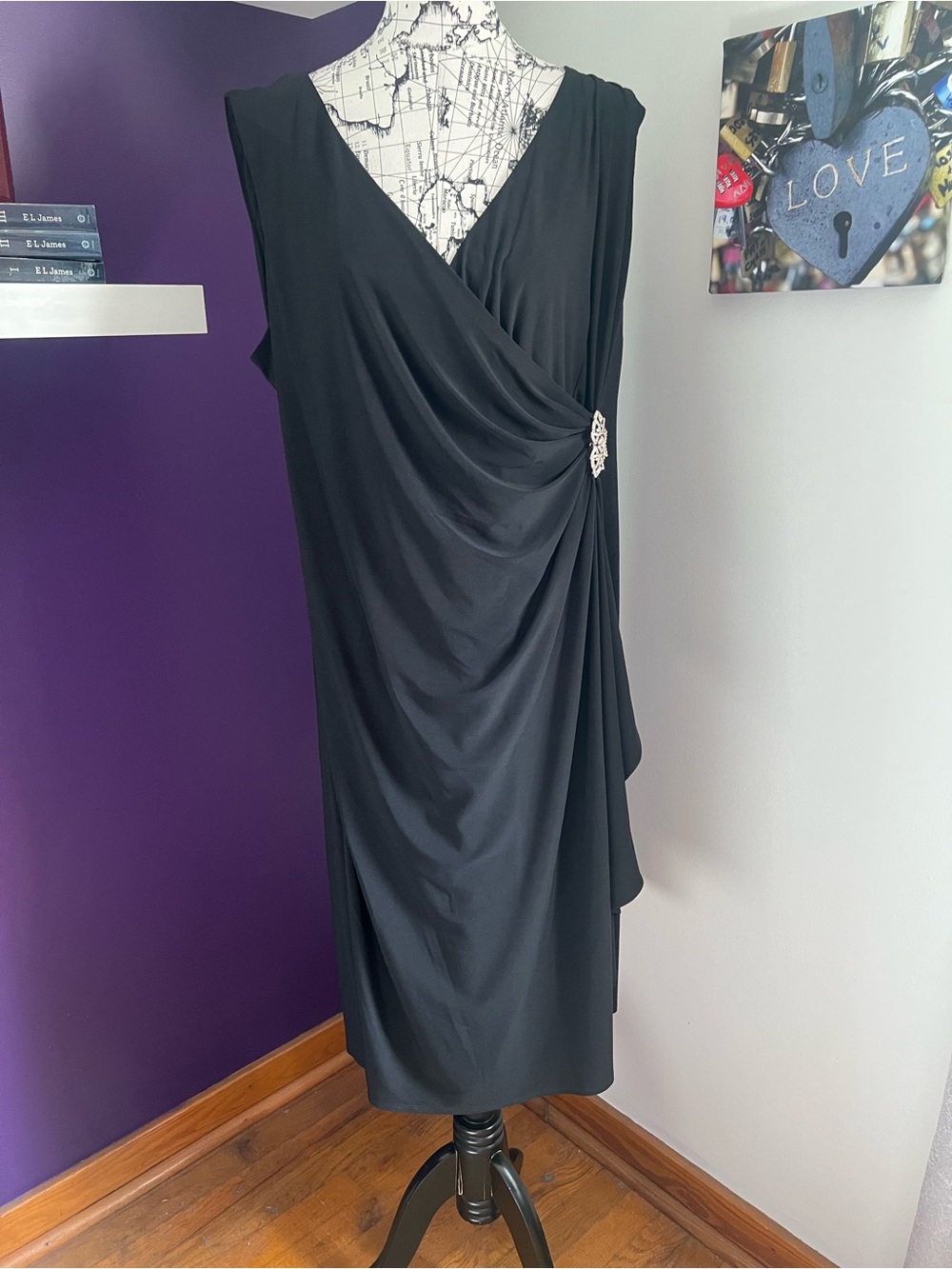 R&M Richards Black Draped Midi Dress with Side Broach